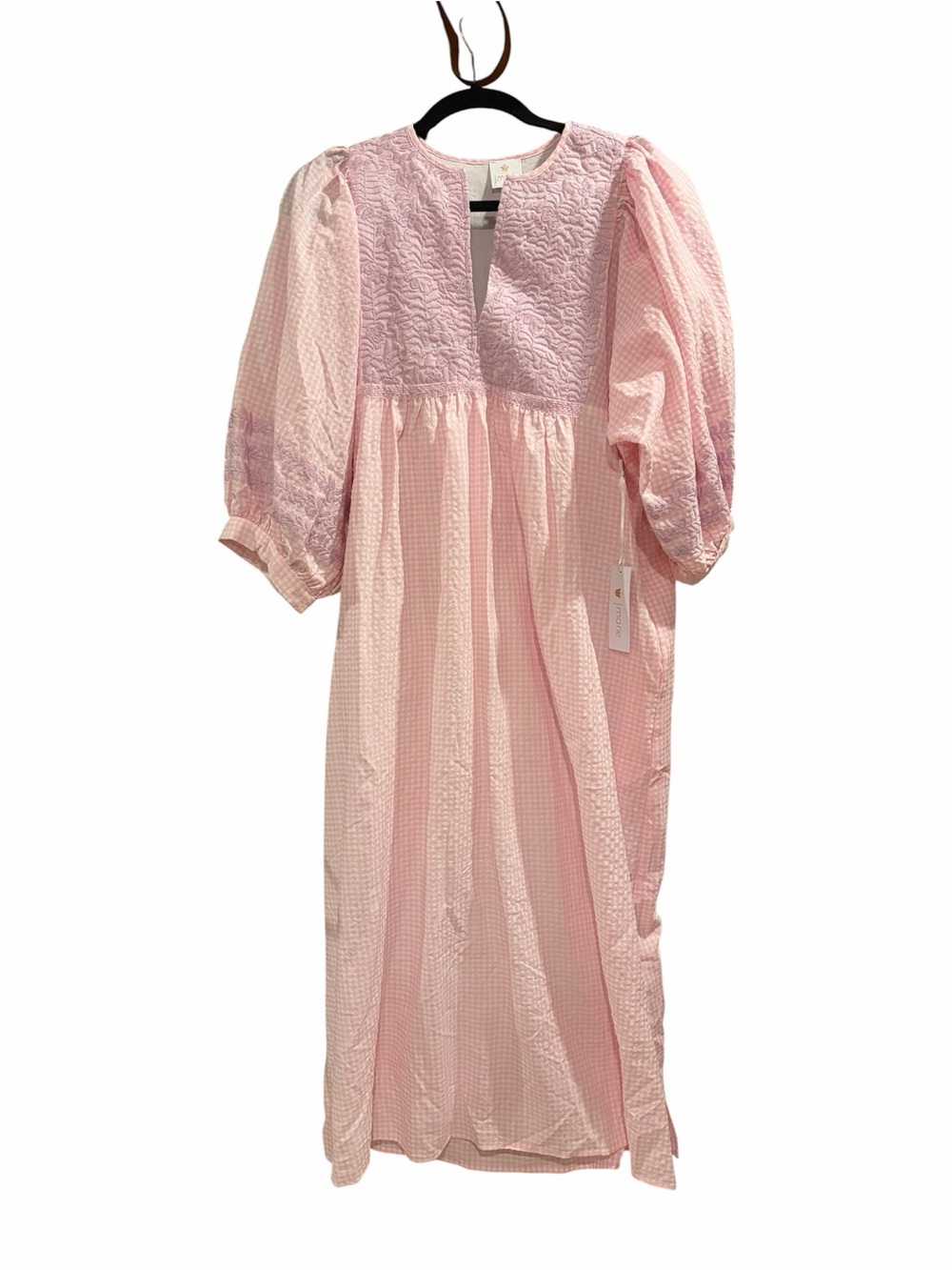 J Marie Women’s Pink Puff Sleeve Cotton Dress with embroidery detail